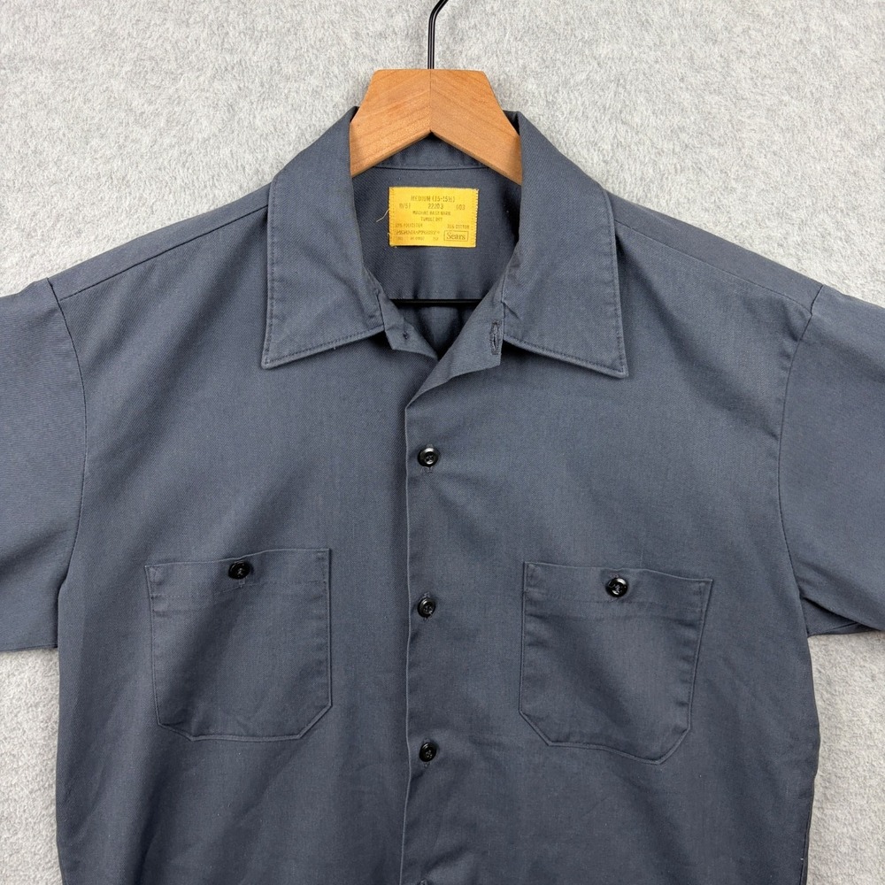 Vintage 70s Sears Shirt Mens Medium Gray Twill Button Up Perma Prest Workwear - Picture 2 of 6